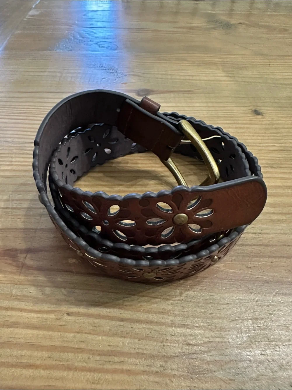 Women’s Brown Leather Floral Cutout Belt - Classic Casual Style
